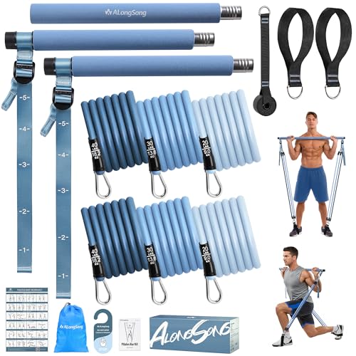 Upgraded Pilates Bar Kit with Resistance Bands Natural Latex for Women & Men, Heavy-Duty Stainless Steel Multifunctional Yoga Pilates Stick for Home Gym Exercise Fitness Equipment Full-Body Workouts