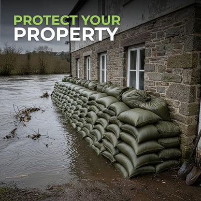 Empty Sandbags Military Green with Ties 14" x 26" - Woven Polypropylene Extra Heavy Duty Sand Bags Flood Protection