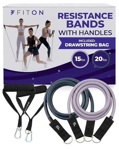 FitOn Resistance Bands with Handles - Elastic Bands for Muscle Mobility & Strengthening, Resistance Loops with Comfortable Foam Handle, Dual-Knit Design, Set of 2 with Pouch - Light 15lb & Medium 20lb