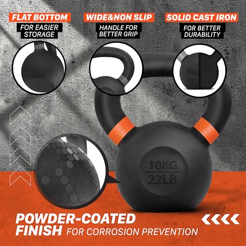 Yes4All Powder Coated Kettlebell, Cast Iron Core Kettlebells with Non-Slip Handle & Flat Bottom for Conditioning, Heavy Duty for Strength Training, 9lb to 71lb - Single & Pair