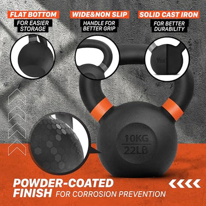 Yes4All Powder Coated Kettlebell, Cast Iron Core Kettlebells with Non-Slip Handle & Flat Bottom for Conditioning, Heavy Duty for Strength Training, 9lb to 71lb - Single & Pair