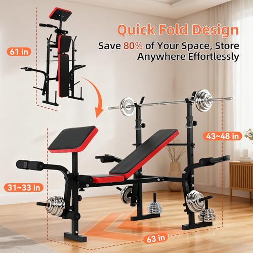 Weight Bench, Adjustable Weight Bench with Bench Press Rack, 550 LB Foldable Weight Lifting Bench with Leg Extension, Preacher Curl Pad & 5-Level Barbell Holder for Home Gym Strength Training