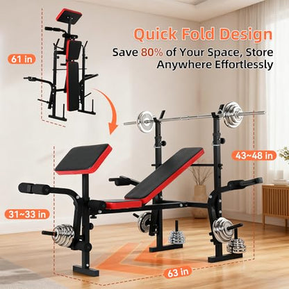 Weight Bench, Adjustable Weight Bench with Bench Press Rack, 550 LB Foldable Weight Lifting Bench with Leg Extension, Preacher Curl Pad & 5-Level Barbell Holder for Home Gym Strength Training