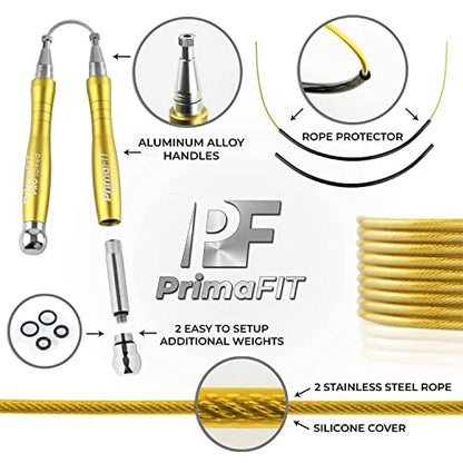Jump Rope Pro Speed Skipping Rope Adjustable Adult Jumping Rope Weighted Aluminium Handles for Double Dutch Boxing Workout Crossfit Exercise Fitness Spare Cable Weights Protectors Carry Bag - color: Golden