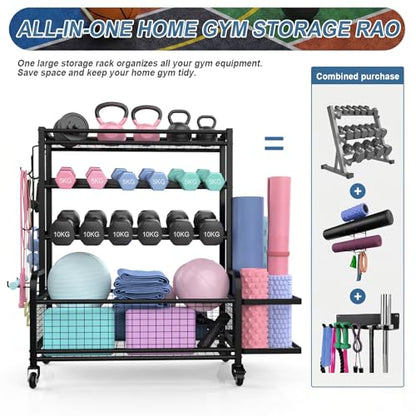 4-Tier Dumbbell Rack & Home Gym Storage, Heavy-Duty Weight Rack Stand with Lockable Wheels, 350LBS Capacity Workout Equipment Organizer for Kettlebells, Yoga Mats and Balls, Black