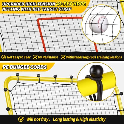 48" x 52" Baseball & Softball Rebounder Net with 3 Adjustable Angles - Pitch Back Rebound - Bounce Back Return Net - Fielding Trainer with Carry Bag - Super Stable & Easy Set Up (Yellow, Small)