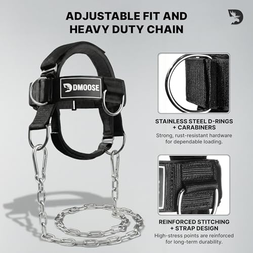 DMoose Fitness Neck Harness for Weight Lifting - Soft Padded Head & Chin Strap with 30" Heavy Duty Steel Chain - Neck Exerciser, Trainer & Strengthener to Support Injury Recovery and Intense Workouts - color: Black Plus