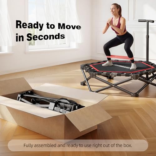 EAST MOUNT 42" Foldable Mini Trampoline for Adults, Quiet Fitness Rebounder with Adjustable Handle, No-Assembly Indoor Exercise Trampoline, 450LBS Capacity