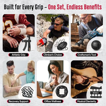 FitBeast Grip Strength Trainer, Hand Gripper Strengthener Kit - 6 Pack with Adjustable Resistance Forearm Strengthener, Forearm Exerciser and Massage Balls for Hand Therapy, Grip Training - color: Black
