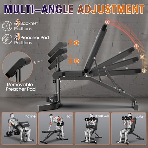 Muti-functional Adjustable Weight Bench/Workout Bench with Barbell Rack Set for Home Gym, Upright Incline Flat Exercise Benches with Preacher Pad