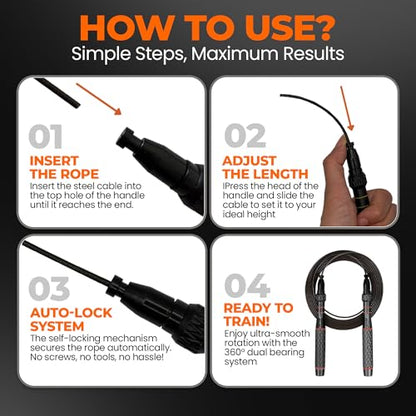 LYRA Adjustable Speed Jump Rope – 360° Ball Bearings, Steel Cable & Aluminum Handles – Fast Double Unders for CrossFit, HIIT & Fitness Workouts – Carry Bag & Extra Cable Included