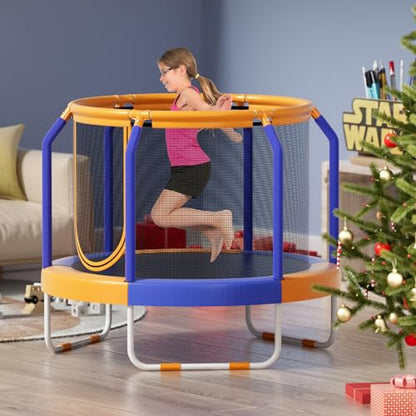 GYMAX Trampoline for Kids, 48” Toddler Trampoline with Enclosure Net, Non-Slip Handrail & Anti-Slip Foot Pads, Mini Kids Trampoline for Indoor/Outdoor, Backyard, Birthday Gift for Boys Girls