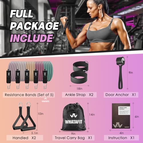 WHATAFIT Resistance Bands, Exercise Bands, Workout Bands with Handles, Door Anchor and Ankle Straps, 5 Resistance Levels Fitness Bands for Strength Training, Physical Therapy, and Home Gym Equipment