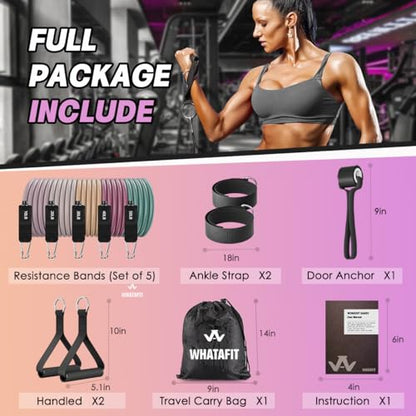 WHATAFIT Resistance Bands, Exercise Bands, Workout Bands with Handles, Door Anchor and Ankle Straps, 5 Resistance Levels Fitness Bands for Strength Training, Physical Therapy, and Home Gym Equipment