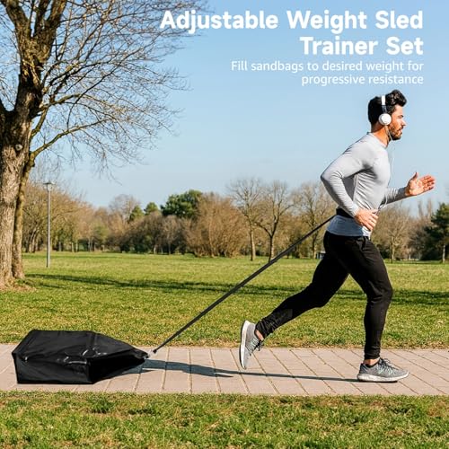 Adjustable Sled Pulling Belt Weight Sled Trainer, Sandbag Sled Trainer Resistance Sled Trainer with 3 Weight Sandbags & Waist Belt, Speed Training for Strength, Agility, Explosive Power (B)