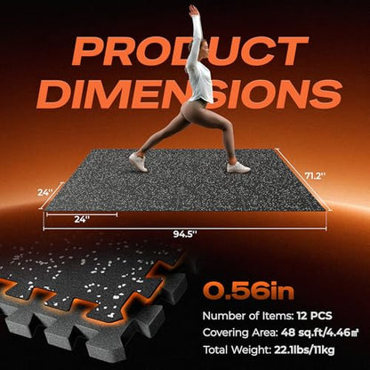 SUPERJARE 0.56'' Thick 12 Pcs 48 Sq Ft Rubber Top Exercise Equipment Mats, High Density EVA Foam Mats with Rubber Top, Interlocking Gym Flooring for Home Gym, Protective Workout Mat, Black/Grey - size: 12 Tiles (48 Sq Ft)
