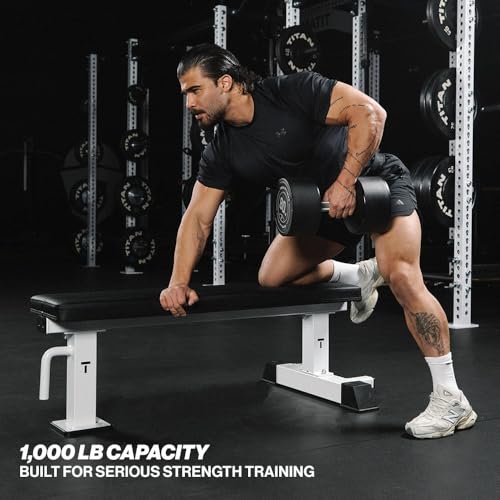 Titan Fitness Elite Series Single Post Flat Bench, Rated 1,000 LB, 2.5" Thick HeftyGrip Vinyl Pad, Dedicated Home Gym Competition Weightlifting & Strength Training Utility Bench - color: White