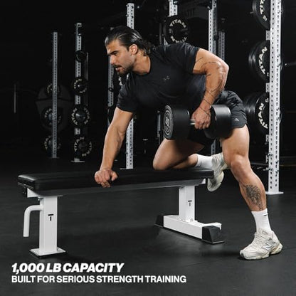 Titan Fitness Elite Series Single Post Flat Bench, Rated 1,000 LB, 2.5" Thick HeftyGrip Vinyl Pad, Dedicated Home Gym Competition Weightlifting & Strength Training Utility Bench - color: White