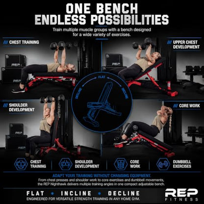 Rep Nighthawk Adjustable Weight Bench | Home Gym Incline Decline Flat Workout Bench | Heavy Duty Fitness and Strength Training Equipment | Foldable Space Saving Design