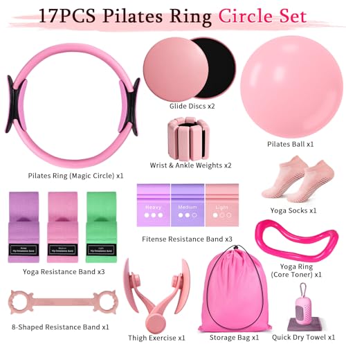 Pilates Kit for Women,17PCS Home Pilate Equipment Essentials, 12.6" Pilates Ring Ball Set with Resistance Bands, Ankle Weights, Sliders,Thigh Trainer, Yoga Strap,Socks Accessories for Home Workout