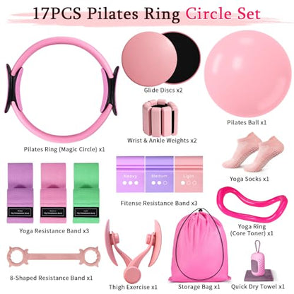 Pilates Kit for Women,17PCS Home Pilate Equipment Essentials, 12.6" Pilates Ring Ball Set with Resistance Bands, Ankle Weights, Sliders,Thigh Trainer, Yoga Strap,Socks Accessories for Home Workout