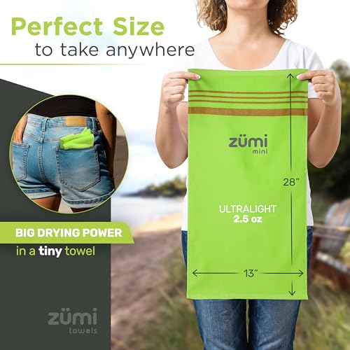 Zumi MINI 100% Cotton Camping Travel Towel - Small, Ultralight, Fast Drying, Highly Absorbent, Soft and Gentle on the Skin, Safe for the Planet (28" x 13" Green) - color: Green Mini