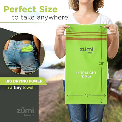 Zumi MINI 100% Cotton Camping Travel Towel - Small, Ultralight, Fast Drying, Highly Absorbent, Soft and Gentle on the Skin, Safe for the Planet (28" x 13" Green) - color: Green Mini
