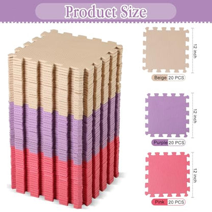 Nuanchu 60 PCS Kids Foam Puzzle Mat,Pink, Beige, Purple - color: Pink, Beige, Purple