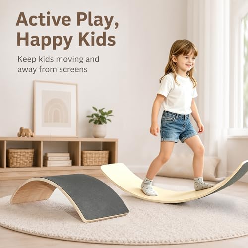 Wooden Balance Board for Kids, Montessori Wobble Board with Anti-Slip Surface, 33 Inch Natural Curved Balance Toy for Toddlers, Open-Ended Waldorf Play Equipment for Indoor Active Play, Gifts for Kids Ages 3+ Years