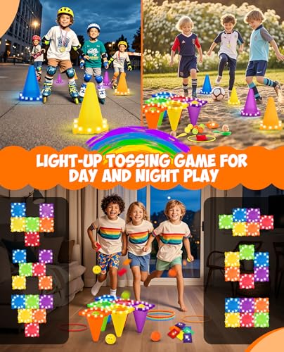 Eocolz 49PCS Carnival Games Outdoor Combo Set for Kids with LED Light, Plastic Cones Obstacle Course Bean Bags Balls Ring Toss Game Egg and Spoon Race Lawn Game, Gift for Birthday Party/Xmas/Easter - color: blue