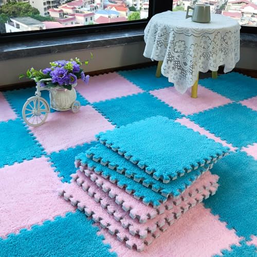 12pcs 0.6in Thick Interlocking Carpet Squares Puzzle Mat EVA Foam Area Tiled Rug for Baby Play Soft Mats (Blue, 11.8in)