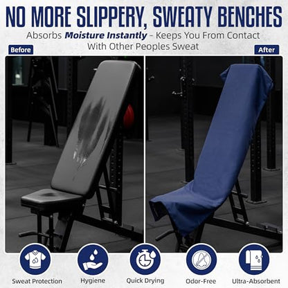 Hooded Microfiber Gym Towel – Highly Absorbent Car Seat Towel with Carry Bag – Double-Sided Sweat Towel, Reversible, Quick Dry & Sand-Resistant Fabric, Navy Blue, 130 x 60cm
