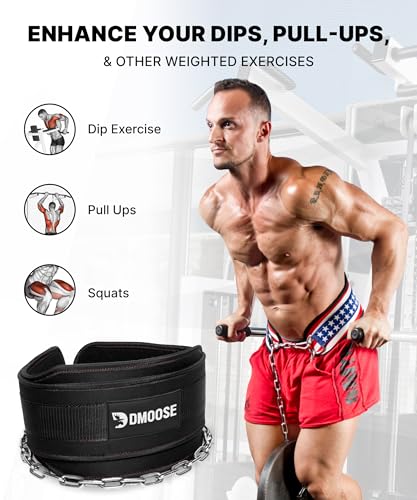 DMoose Fitness Dip Belt for Weight Lifting, Pullup, Squats & Dips - 36" Robust Steel Chain, Comfortable Neoprene Padding Supports 350lbs - Gym Weight Belt for Strength Training Workout & Weightlifting