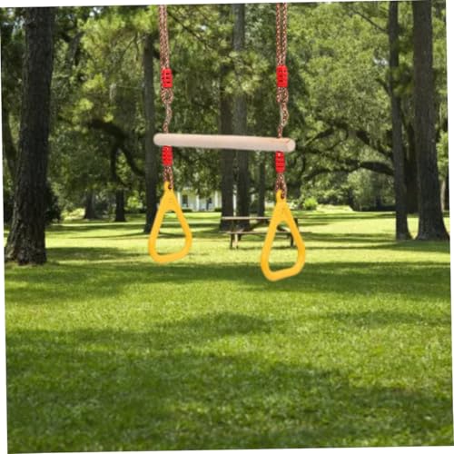 Trapeze Swing Bar Wooden Hanging Hoop Gymnastic Swing Rings with Adjustable Straps Yellow