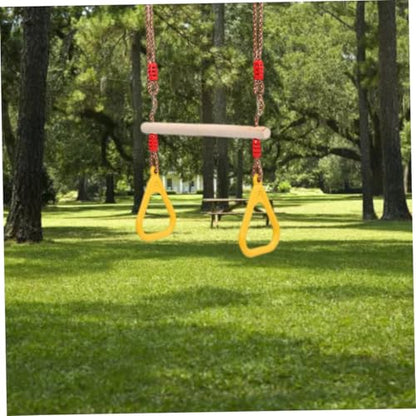 Trapeze Swing Bar Wooden Hanging Hoop Gymnastic Swing Rings with Adjustable Straps Yellow