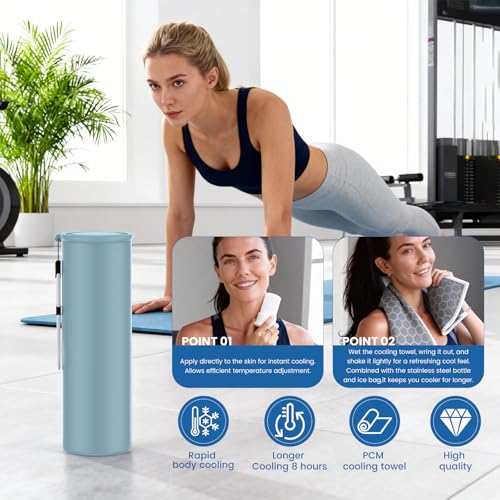 Cooling Station 3-in-1 Portable Kit: Insulated Stainless Steel Bottle with Reusable Ice Bag & Cooling Towel for Yoga, Running, Gym, Fitness, Workout, Camping & Sports