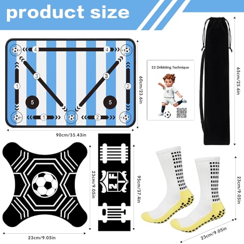 2F22E Soccer Training Mat for Kids & Youth, Non-Slip Silent Footwork Training Equipment with Soccer Bounce Trainer & Socks, Ball Mastery Skills Mat with Instructional Video for Indoor Practice