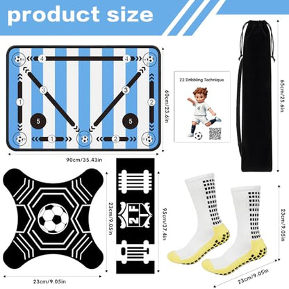 2F22E Soccer Training Mat for Kids & Youth, Non-Slip Silent Footwork Training Equipment with Soccer Bounce Trainer & Socks, Ball Mastery Skills Mat with Instructional Video for Indoor Practice