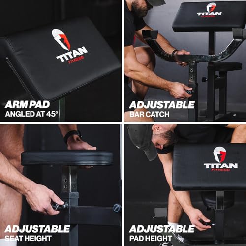 Titan Fitness Adjustable Preacher Curl Weight Station, 250 LB Capacity, Adjustable Bench Seat, Adjustable Arm Rest, Durable Bar Catches, Seated Home Gym Barbell and Dumbbell Biceps Station