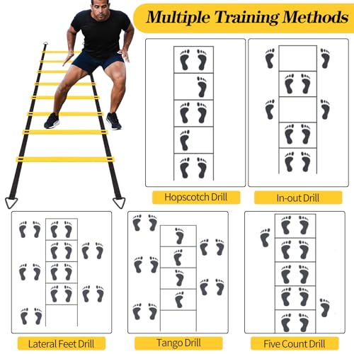 12 Rungs Agility Ladder Set, Training Ladder with Steel Stakes and Carry Bag for Soccer, Speed Fitness Feet Training - color: 1 Pack-Yellow