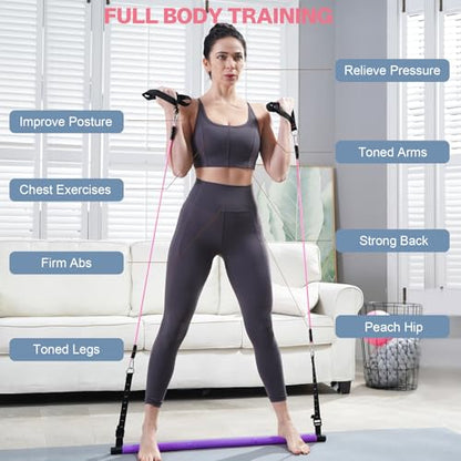 Pilates Bar Kit with Resistance Bands, Multifunctional Pilates Bar with 3 Set Exercise Resistance Bands, Portable Pilates Equipment for Women Home Gym Yoga Workouts