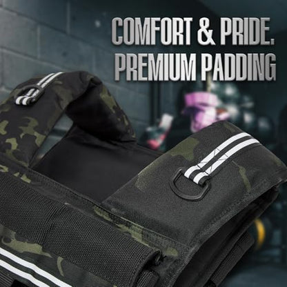 KRYLIX Adjustable Weighted Vest 0-40 lbs with Front Storage Pocket Solid Removable Iron for Muscle Building Workout Secure Waist Fit for Men Man Camo Tactical Military