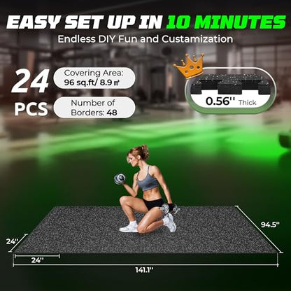 0.56" Rubber Top Gym Flooring, Heavy Duty Interlocking Gym Mats for Home Gym, Non-Slip Workout Mat, 24 x 24in Large Gym Floor Mat, Protect Floors from Weights & Equipment, 96 Sq Ft, Black/Grey