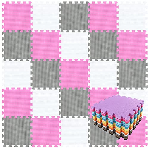 qqpp EVA Rubber 18 Tiles Interlocking Puzzle Foam Floor Mats - Baby Play Mat for Playing | Exercise Mat for Home Workout. White, Pink, Gray. QC-ACLb18N