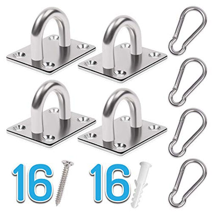 4 PCS M6 Premium Heavy Duty Square Stainless Steel Pad Eye Hooks + 4PCS Snap Hooks and 16 PCS Screws with 16 PCS Plastic Expansion Tube, Ceiling Hooks Heavy Duty for Outdoor Indoor Activity