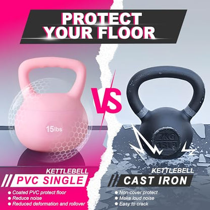DlandHome Kettlebell Weights Strength Training Kettlebell-Great for Full Body Workout and Strength Training,Easy Grip Handle,PVC Filled with Iron Sand - color: Pink-15lbs
