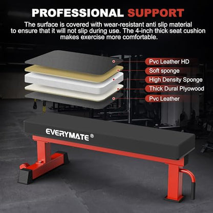 Flat Bench, 4" Thick HeftyGrip Vinyl Pad, Rated 1,200 LB, Flat Benches for Home Gym & Strength Training, Professional Grade Flat Weight Bench Made of Heavy Duty 3"*3" Tube (Red)