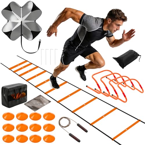 Agility Ladder Speed Training Equipment Set-20ft Ladder,12 Cones, 4 Adjustable Hurdles, Jump Rope, Resistance Parachute| Soccer,Basketball, Football Practice Equipment for Youth, Adults - color: Orange, size: 17.16"*5.61"*13.21"
