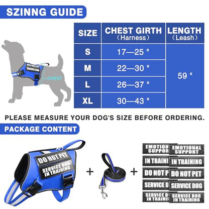 Service Dog Vest Harness and Leash Set+10 Patches,No Pull&Easy Walk Reflective Dog Harness with Soft Padded Handle for Training/Everyday,Fit Small/Medium/Large/Extra-Large Dogs (Blue M)