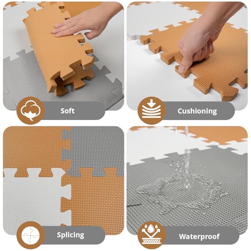 16 Tiles Baby Play Mat for Floor, EVA Foam Baby Floor Play Mat with 0.6 Inch Thick Interlocking Foam Tiles, Foam Floor Tiles for Baby, Toddlers and Kids (White-Brown-Grey, 16PCS)